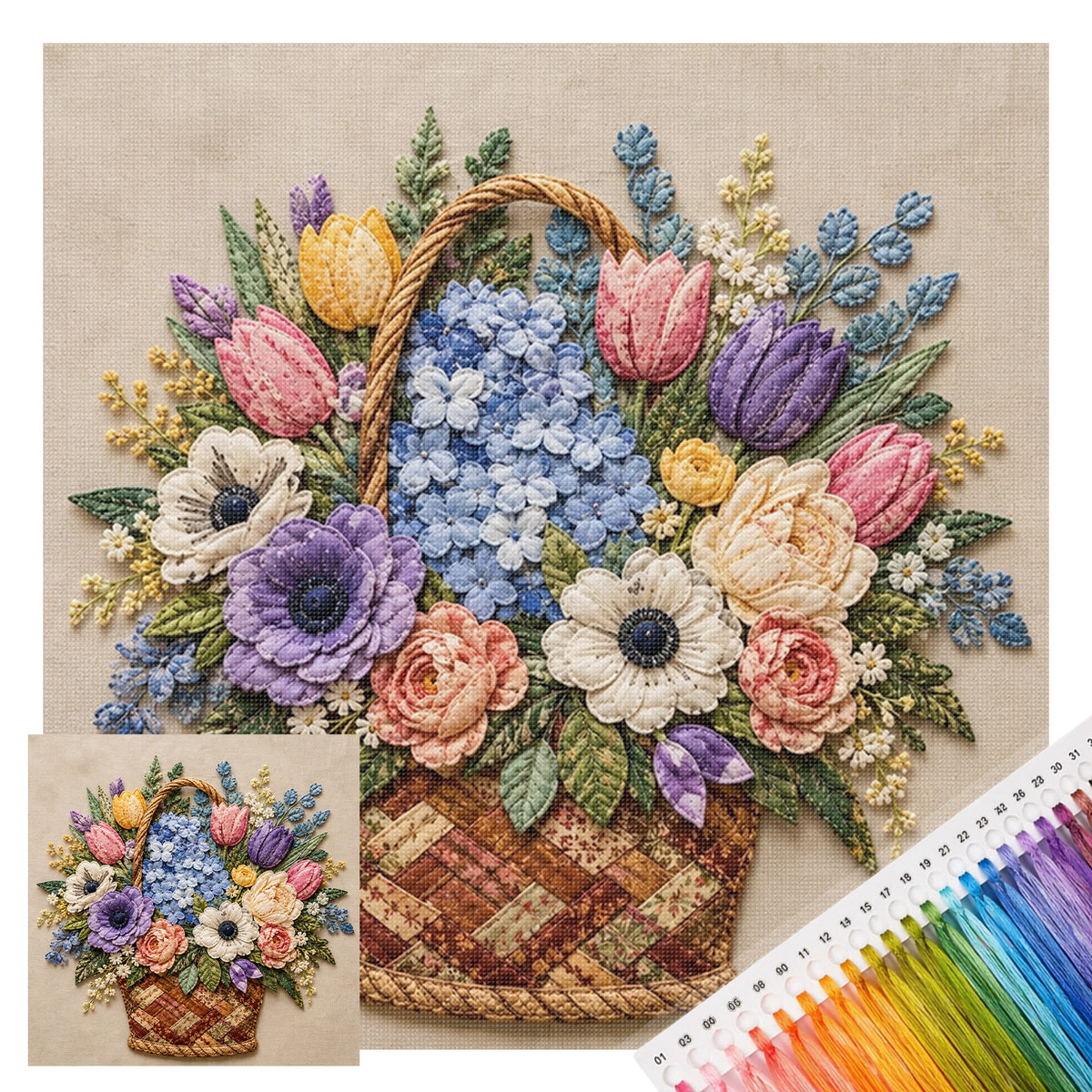 Blütenkorb – Vollständiges 11CT Stempel-Kreuzstich-Set 45x45CM – Huacan