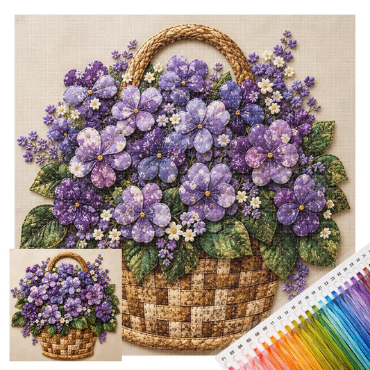 Lila Schönheitskorb - Vollständiges 11CT gestempeltes Kreuzstich-Set 45x45CM - Huacan