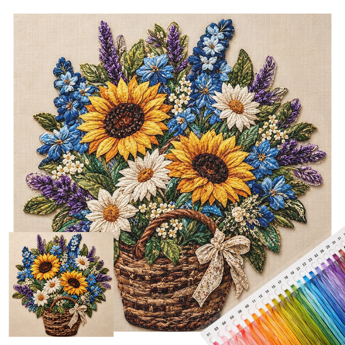 Sonnenblumen-Blumenkorb - Vollständiges 11CT Stanz-Kreuzstich-Set 45x45CM - Huacan