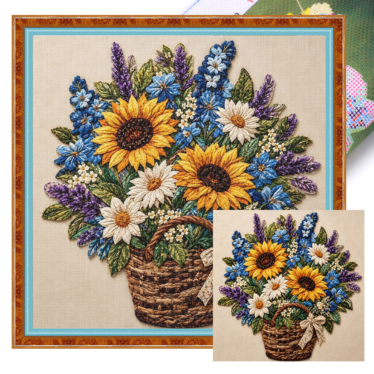 Sonnenblumen-Blumenkorb - Vollständiges 11CT Stanz-Kreuzstich-Set 45x45CM - Huacan
