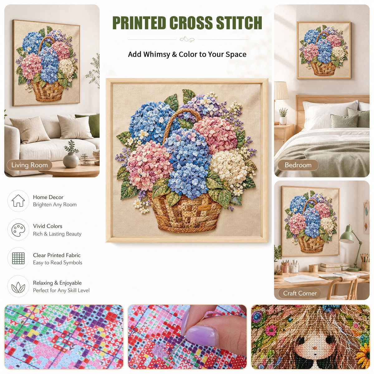 Hydrangea Basket - Full 11CT Stamped Cross Stitch 45x45CM - Huacan