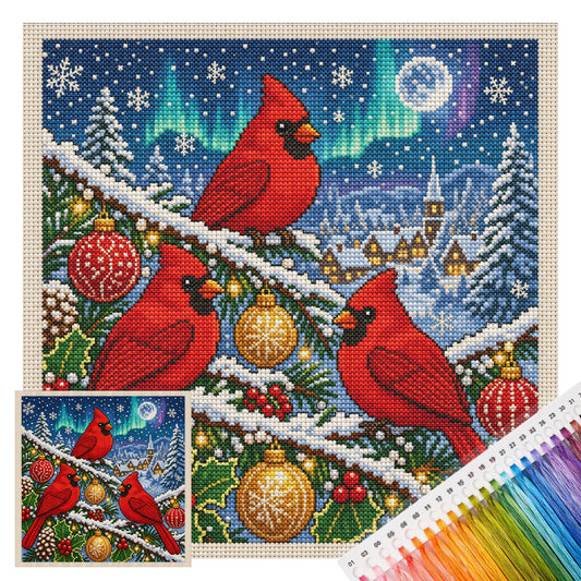 Aurora Weihnachtsbaum mit drei roten Vögeln - Vollständiges 11CT Stempel-Kreuzstichset 40x40 cm - Huacan