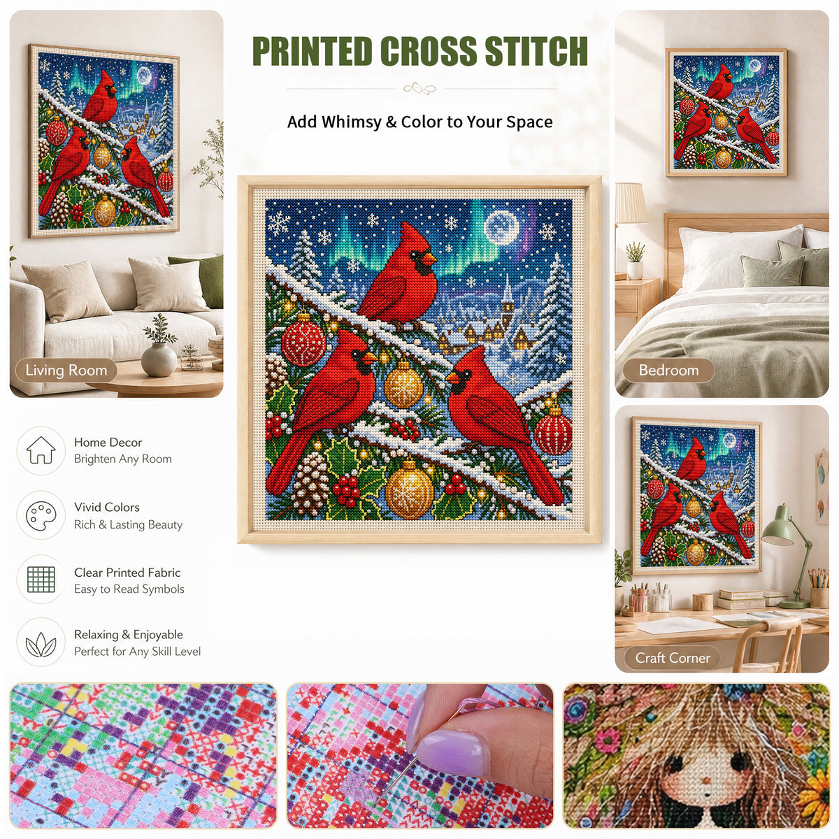 Aurora Christmas Three Red Birds - Full 11CT Stamped Cross Stitch 40x40CM - Huacan