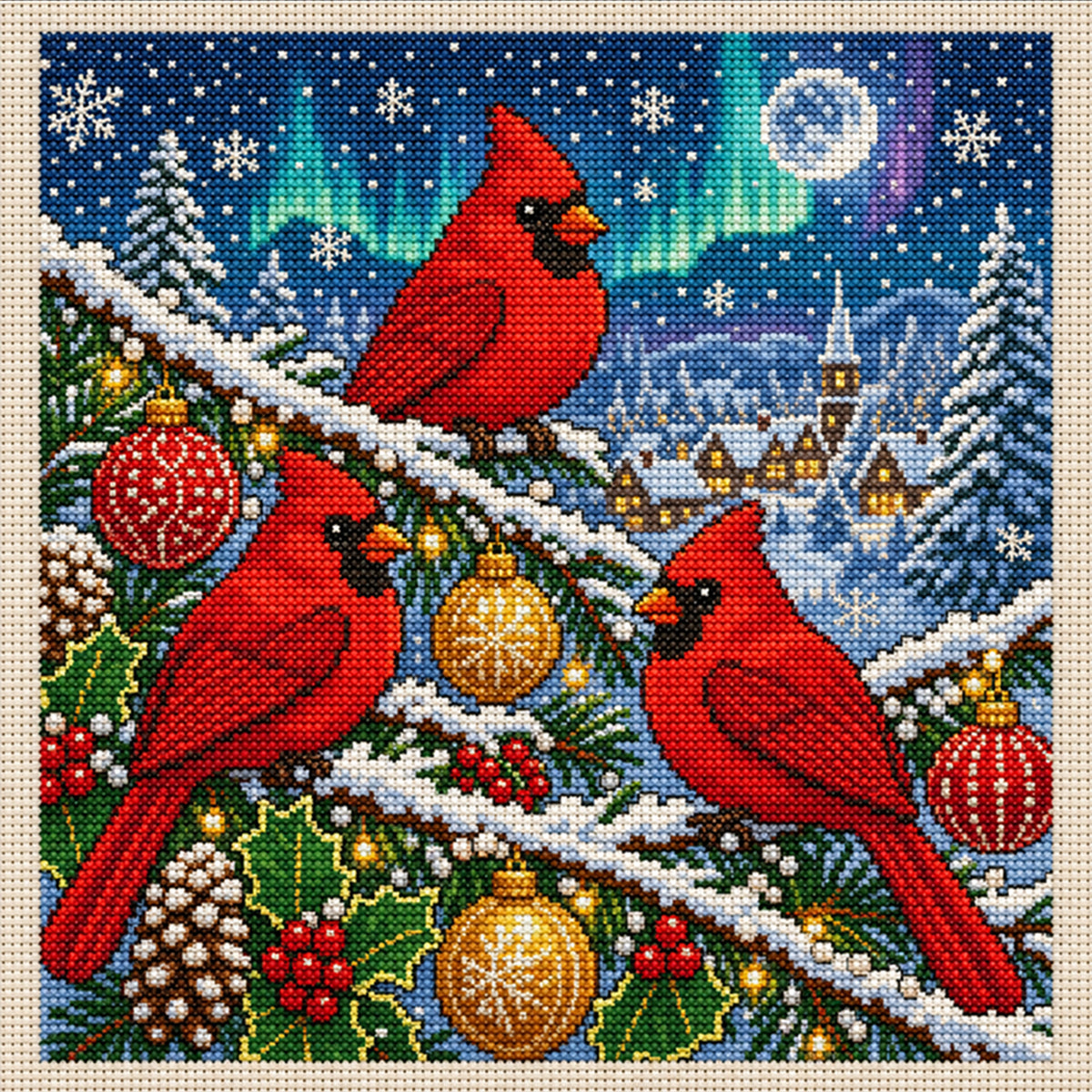 Aurora Christmas Three Red Birds - Full 11CT Stamped Cross Stitch 40x40CM - Huacan