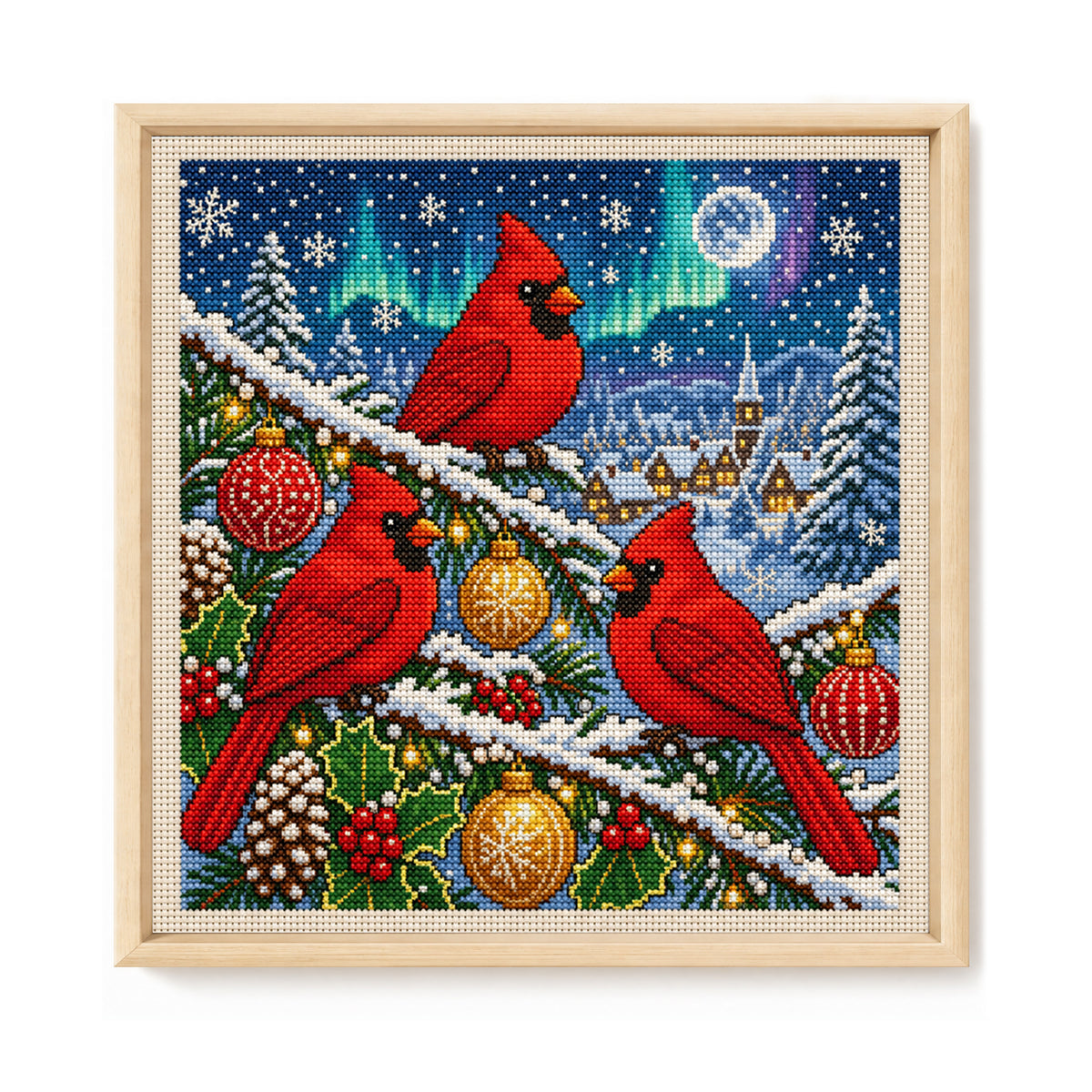 Aurora Christmas Three Red Birds - Full 11CT Stamped Cross Stitch 40x40CM - Huacan