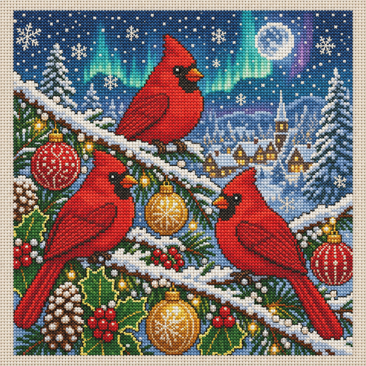 Aurora Christmas Three Red Birds - Full 11CT Stamped Cross Stitch 40x40CM - Huacan