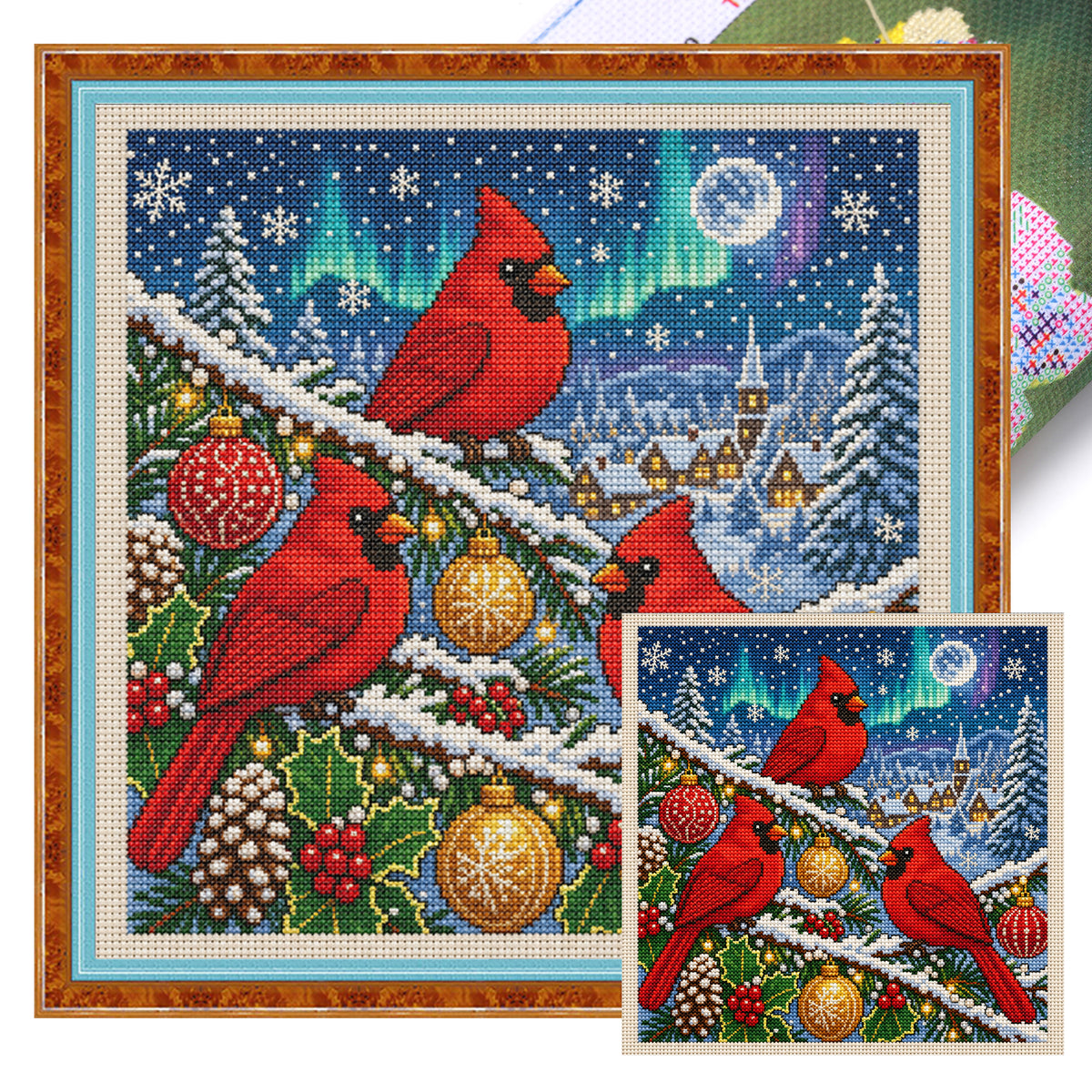 Aurora Christmas Three Red Birds - Full 11CT Stamped Cross Stitch 40x40CM - Huacan