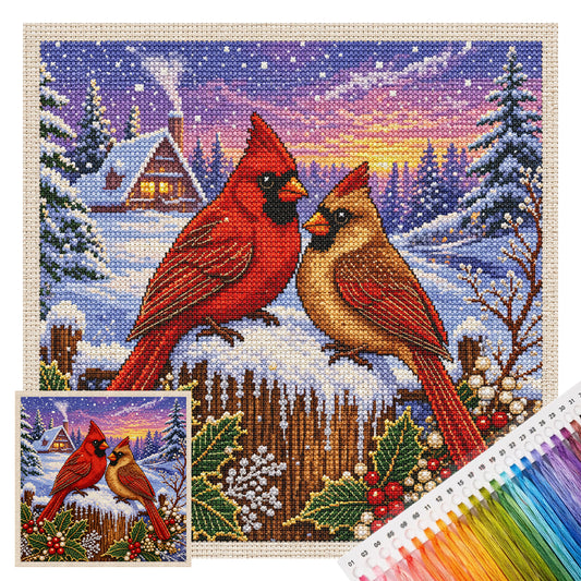 Paar rote Vögel im verschneiten Wald - Vollständiges 11CT Stempel-Kreuzstich-Set 40x40CM - Huacan