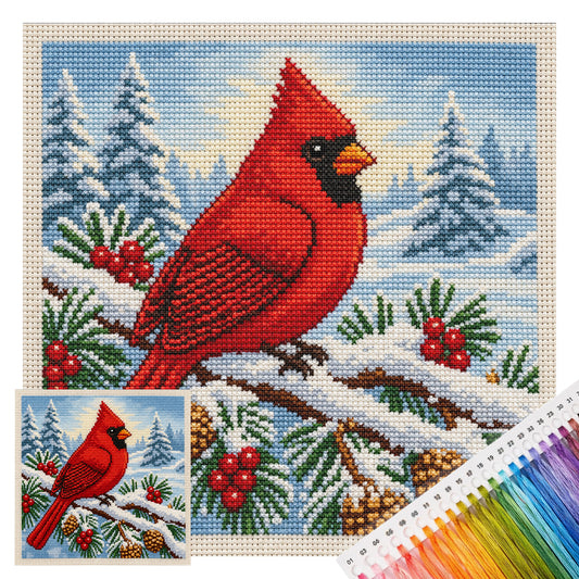 Einzelner roter Vogel im Schneefeld - Vollständiges 11CT gestempeltes Kreuzstichset 40x40cm - Huacan