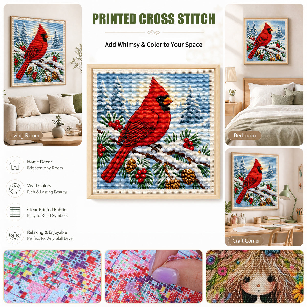 Single Red Bird In Snowfield - Full 11CT Stamped Cross Stitch 40x40CM - Huacan