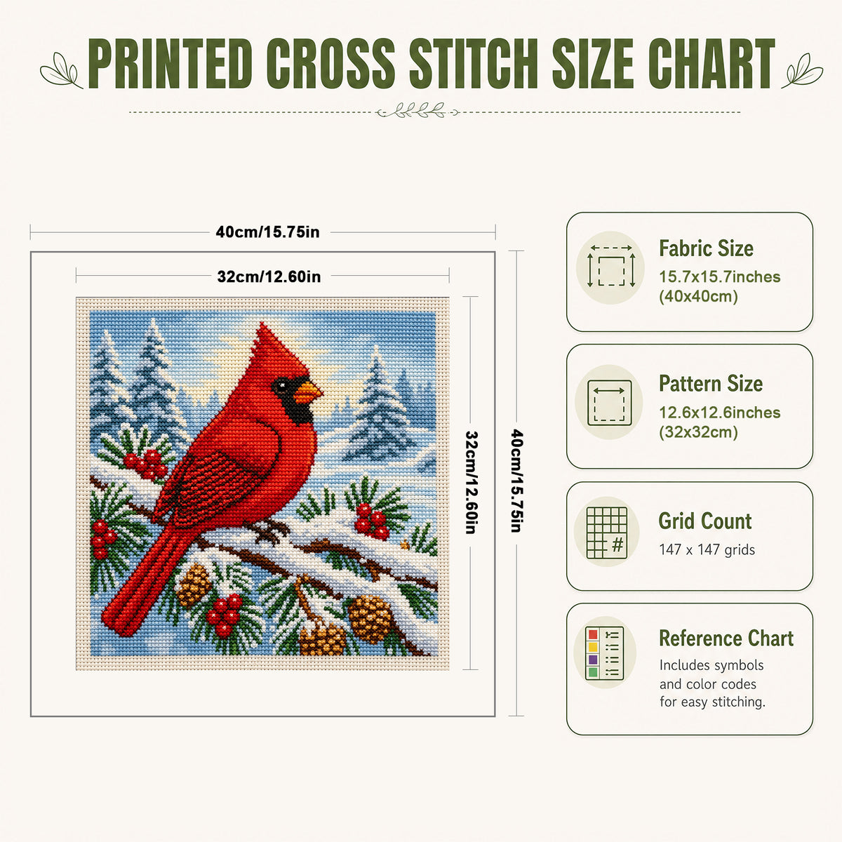 Single Red Bird In Snowfield - Full 11CT Stamped Cross Stitch 40x40CM - Huacan