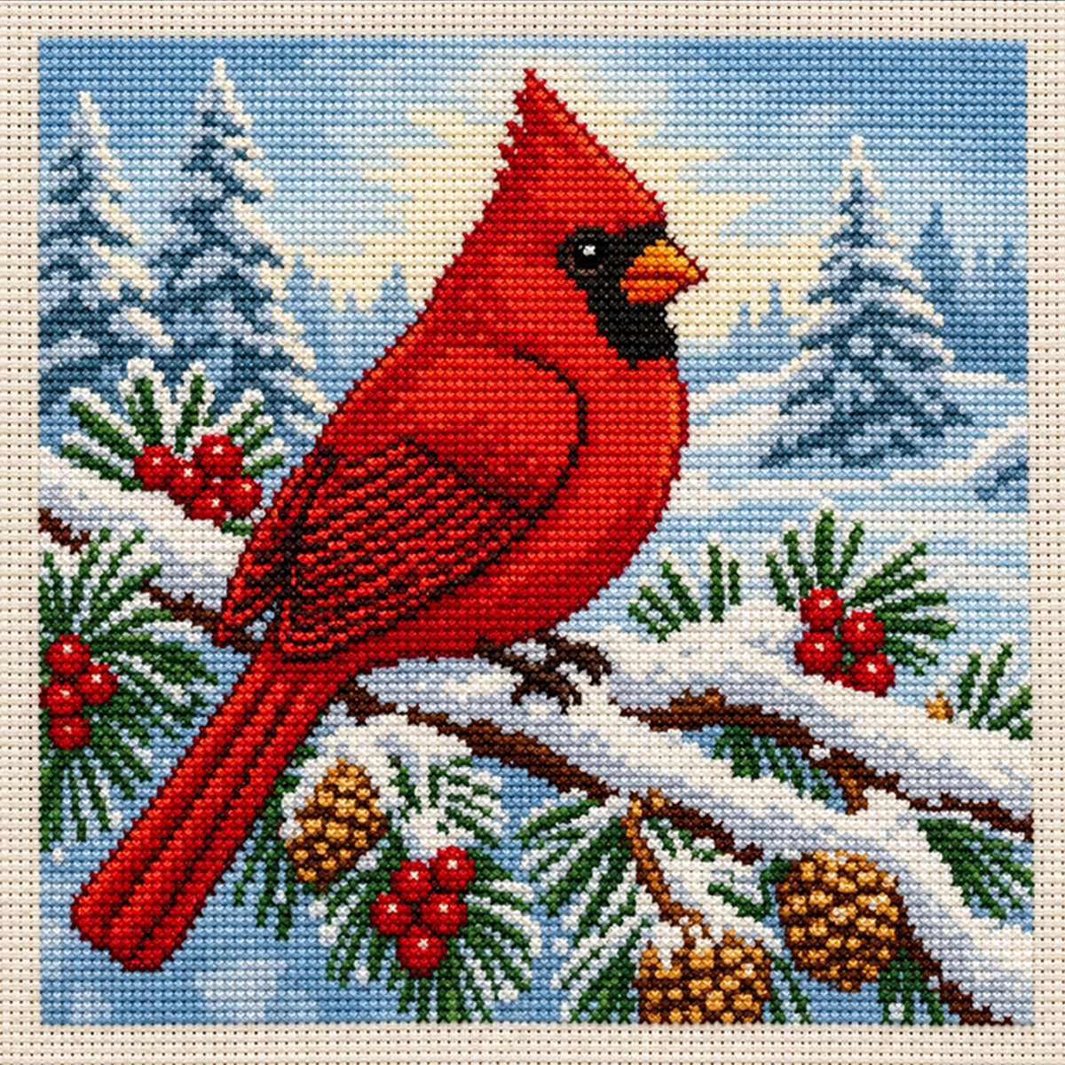 Single Red Bird In Snowfield - Full 11CT Stamped Cross Stitch 40x40CM - Huacan