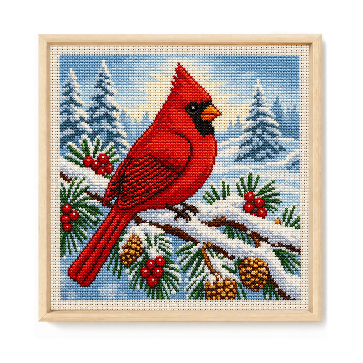 Single Red Bird In Snowfield - Full 11CT Stamped Cross Stitch 40x40CM - Huacan