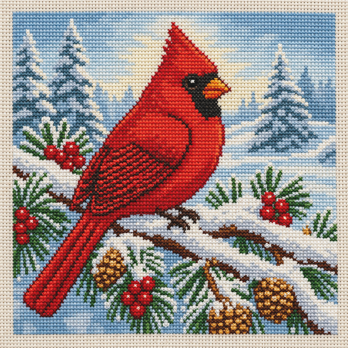Single Red Bird In Snowfield - Full 11CT Stamped Cross Stitch 40x40CM - Huacan