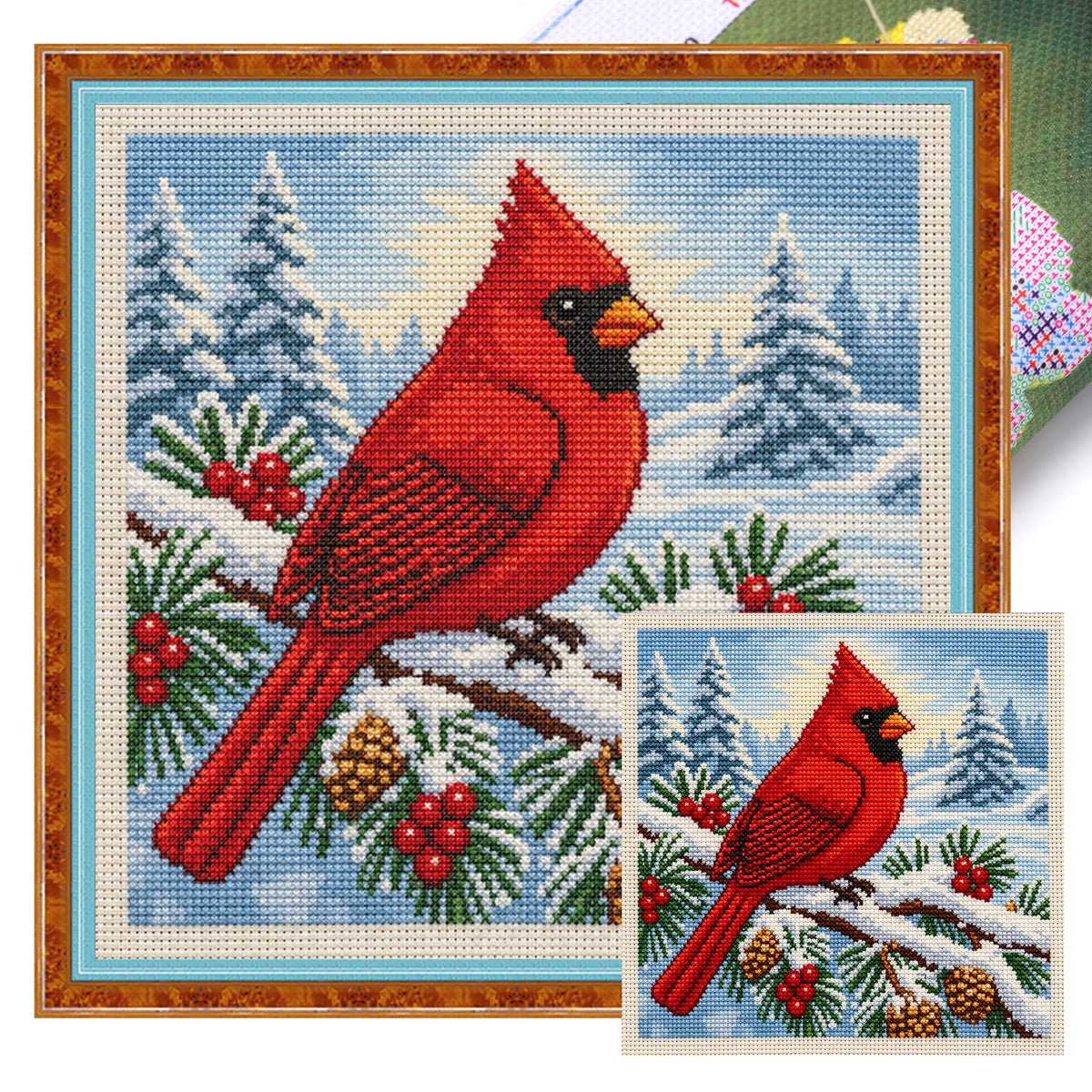 Single Red Bird In Snowfield - Full 11CT Stamped Cross Stitch 40x40CM - Huacan
