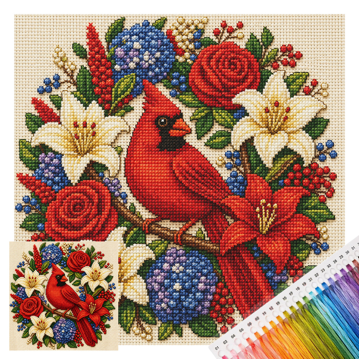 Red Bird Surrounded By Blossoms - Full 11CT Stamped Cross Stitch 40x40CM - Huacan