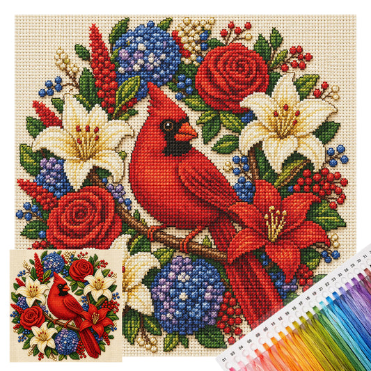 Roter Vogel umgeben von Blüten - Vollständiges 11CT gestempeltes Kreuzstichset 40x40CM - Huacan