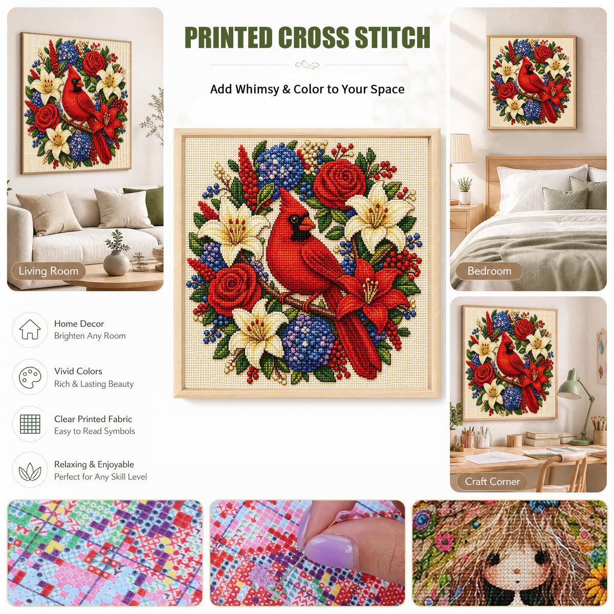 Red Bird Surrounded By Blossoms - Full 11CT Stamped Cross Stitch 40x40CM - Huacan