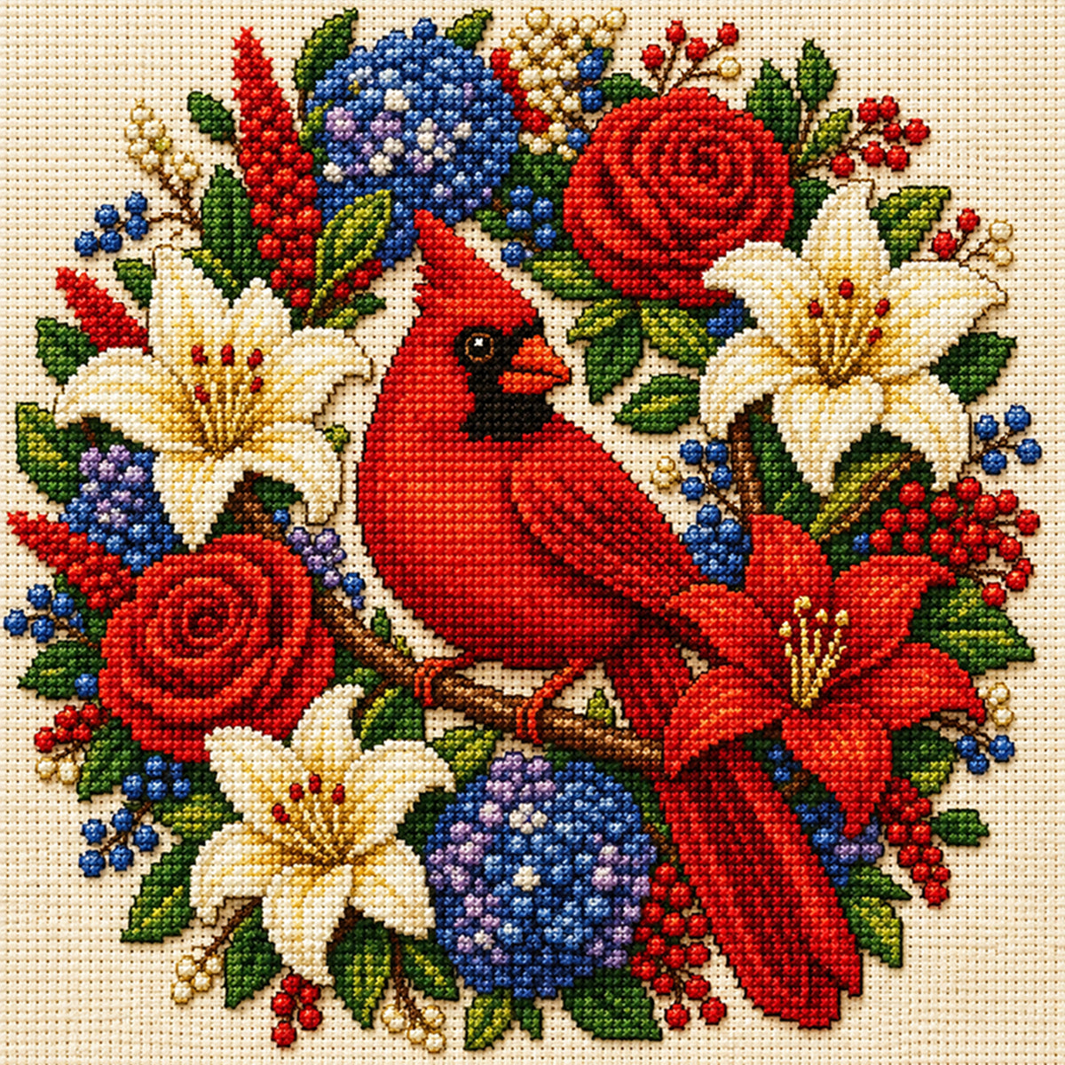 Red Bird Surrounded By Blossoms - Full 11CT Stamped Cross Stitch 40x40CM - Huacan