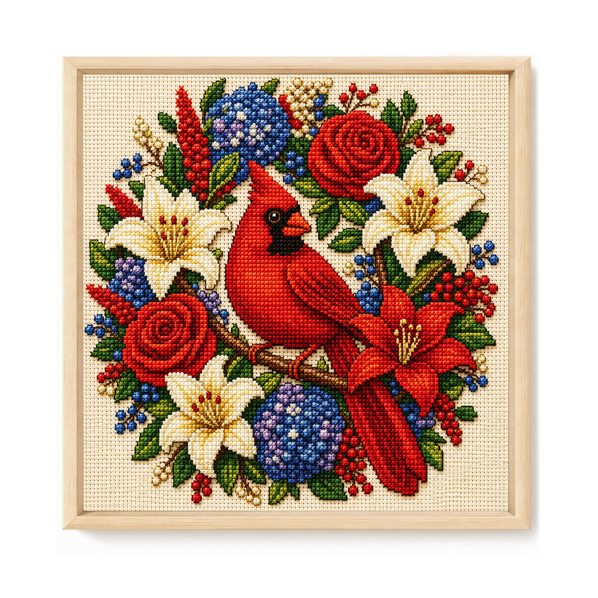 Red Bird Surrounded By Blossoms - Full 11CT Stamped Cross Stitch 40x40CM - Huacan