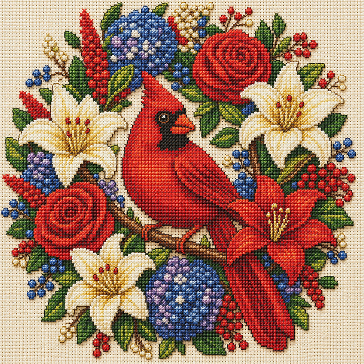 Red Bird Surrounded By Blossoms - Full 11CT Stamped Cross Stitch 40x40CM - Huacan