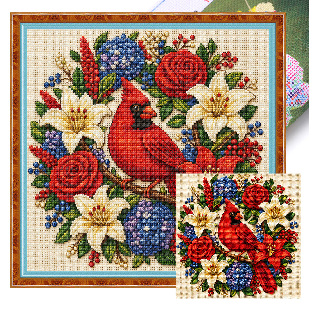 Red Bird Surrounded By Blossoms - Full 11CT Stamped Cross Stitch 40x40CM - Huacan