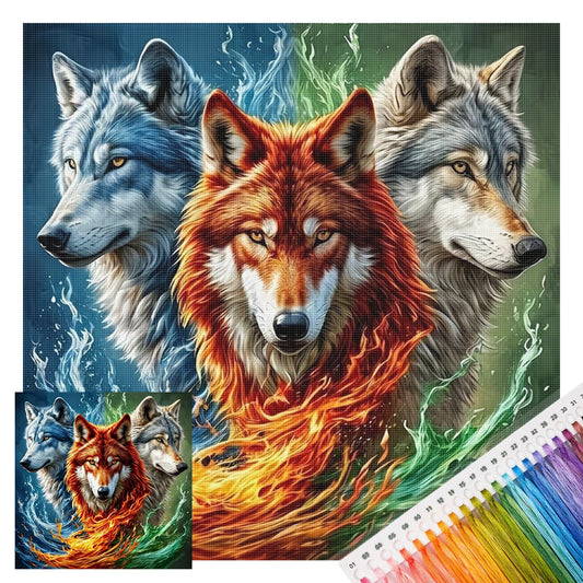 Wasser Feuer Geist Wolf - Vollständiges 11CT gestempeltes Kreuzstich-Set 45x45CM - Huacan