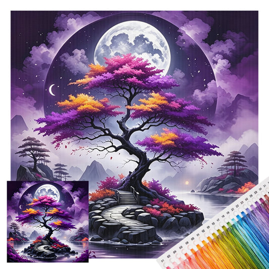 Mondbeschienener violetter Zauberbaum – Vollständiges 11CT gestempeltes Kreuzstich-Set 45x45cm – Huacan