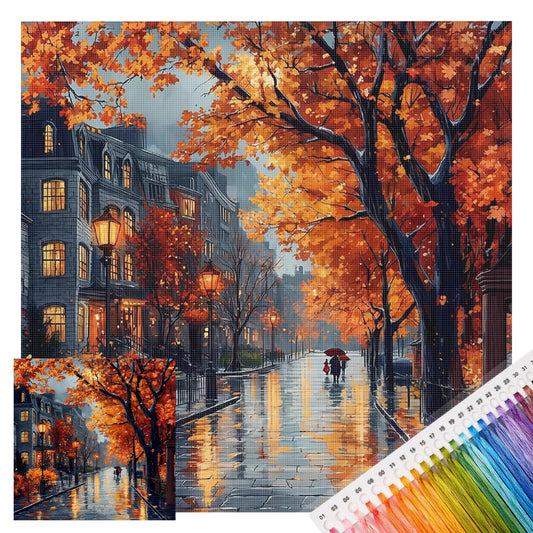 Herbstregen Wutong-Straße - Vollständiges 11CT Stempel-Kreuzstich-Set 45x45CM - Huacan