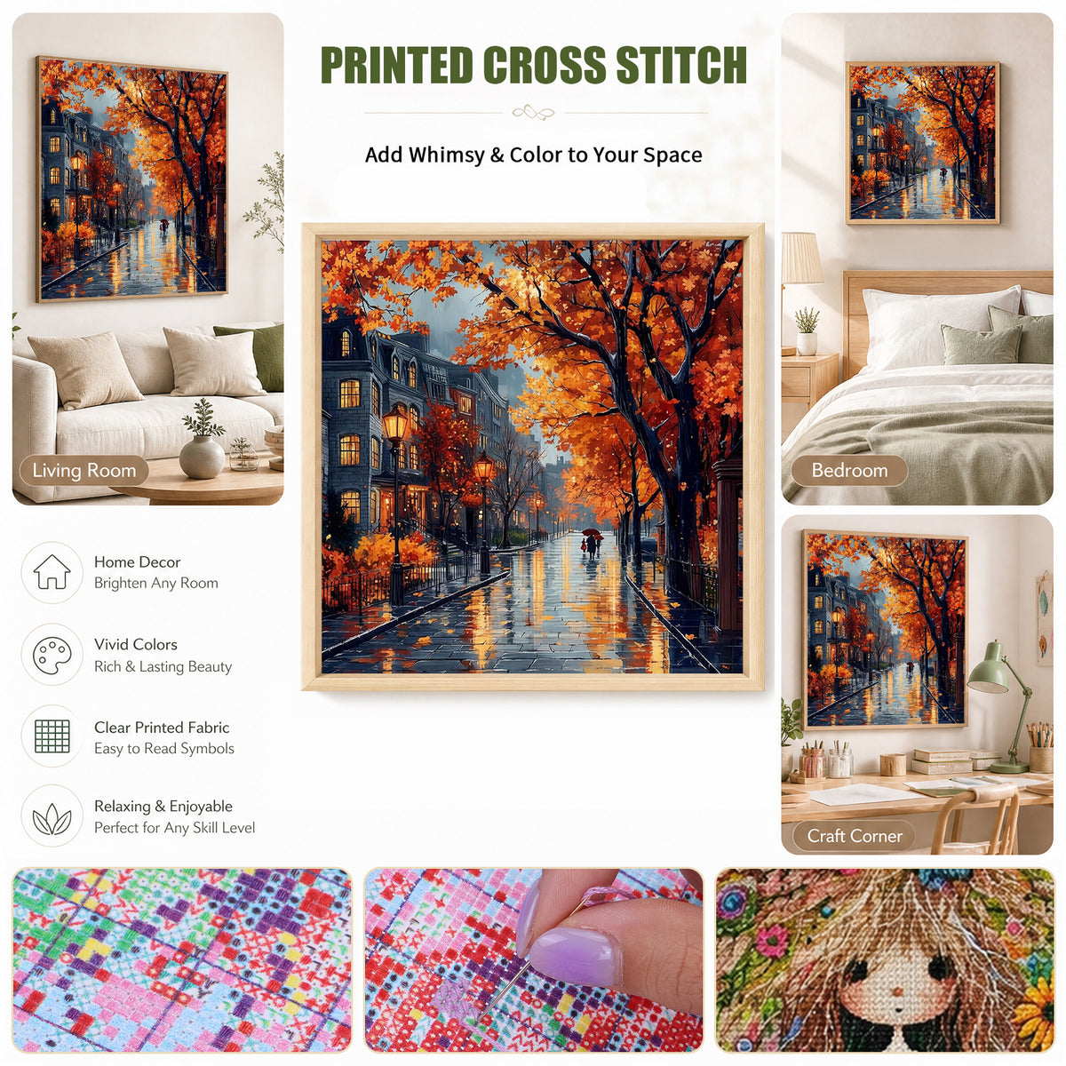 Herbstregen Wutong-Straße - Vollständiges 11CT Stempel-Kreuzstich-Set 45x45CM - Huacan