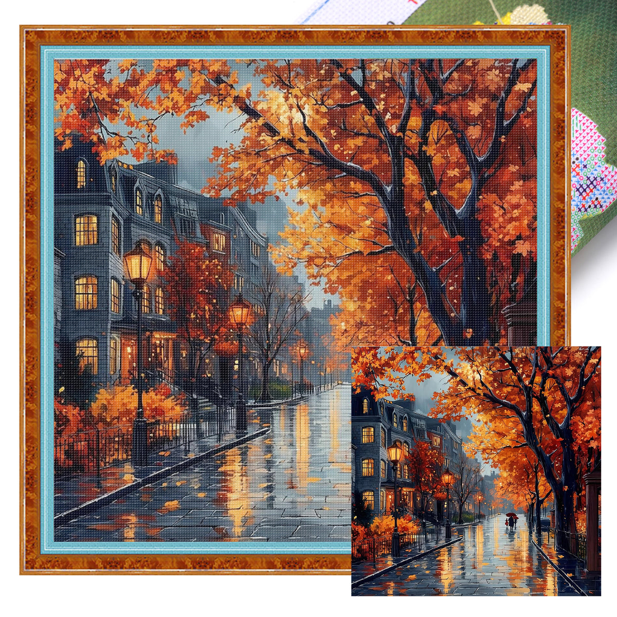 Herbstregen Wutong-Straße - Vollständiges 11CT Stempel-Kreuzstich-Set 45x45CM - Huacan
