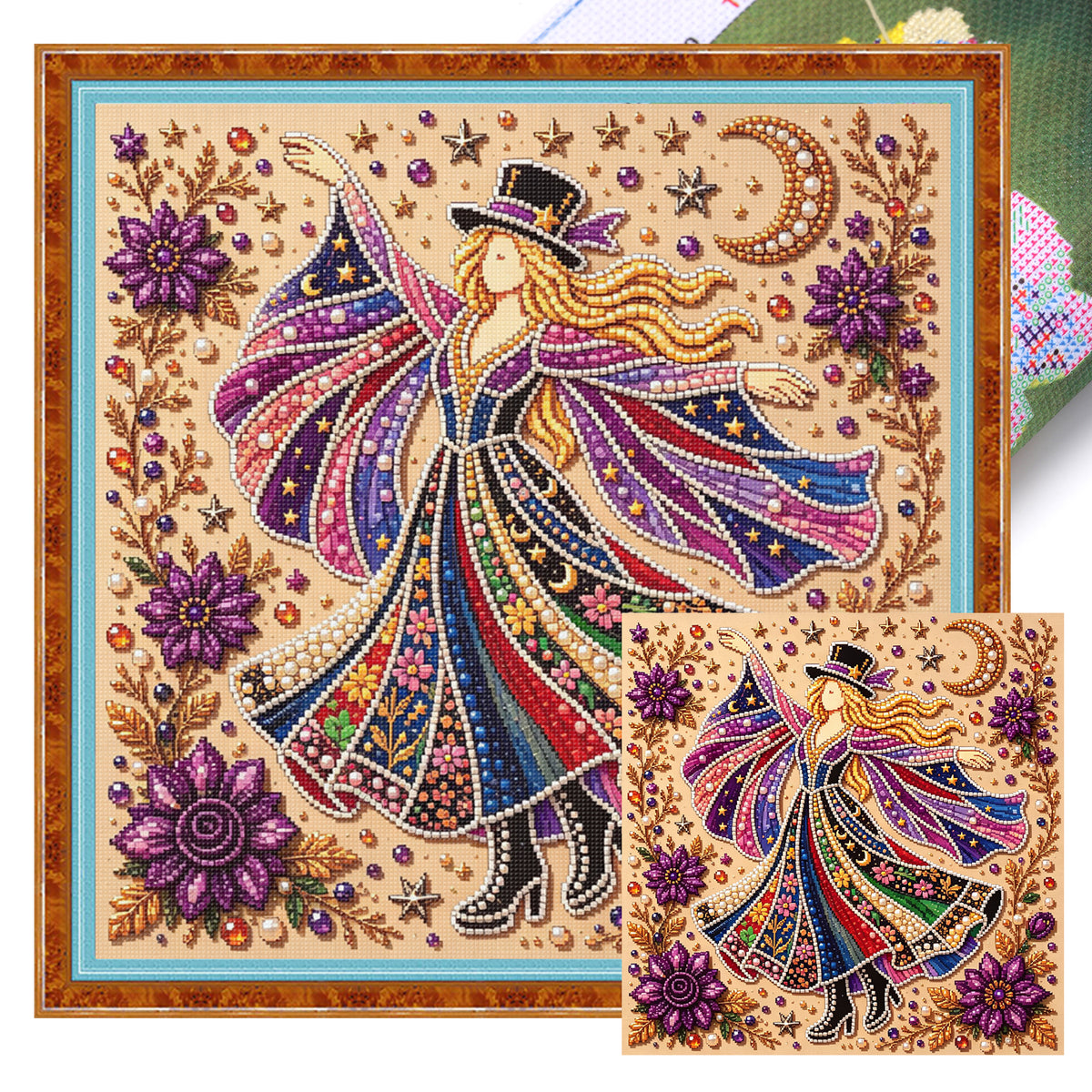 Sternenfarben-Hexe – Vollständiges 14CT-Stempel-Kreuzstich-Set 30x30CM – Huacan