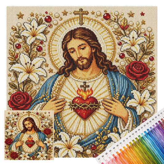 Heiliges Herz Jesu - Vollständiges 14CT gestempeltes Kreuzstich-Set 30x30CM - Huacan