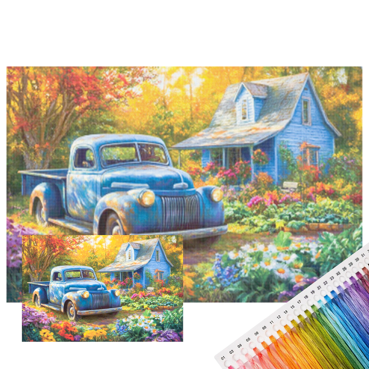 Vintage-Truck Landhaus - Vollständiges 11CT gestempeltes Kreuzstich-Set 45x30CM - Huacan
