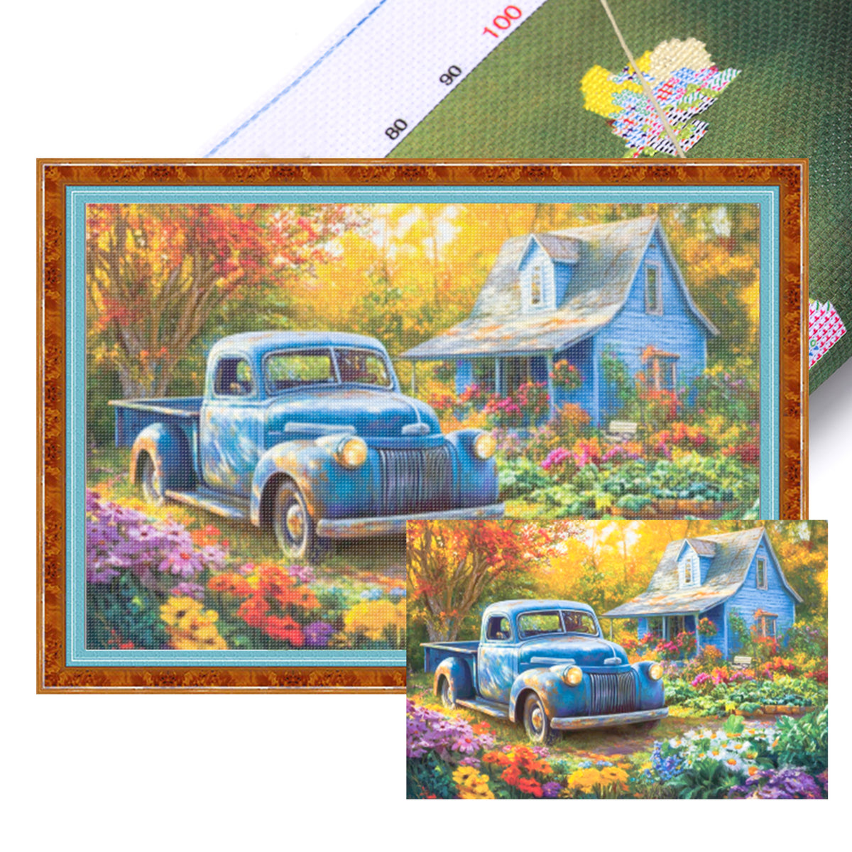 Vintage-Truck Landhaus - Vollständiges 11CT gestempeltes Kreuzstich-Set 45x30CM - Huacan