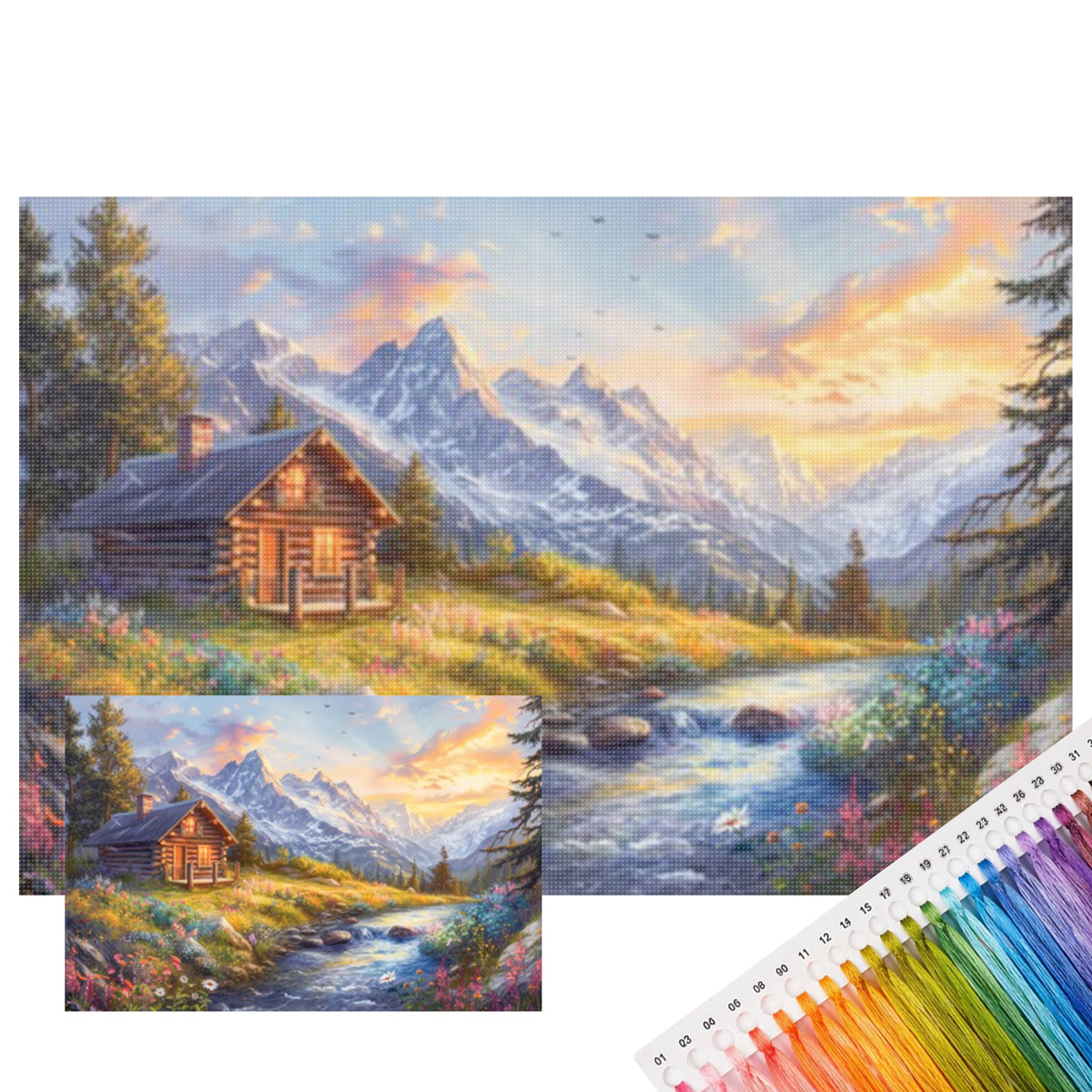 Mountain Cabin Sunset Scenery - Full 11CT Stamped Cross Stitch 45x30CM - Huacan