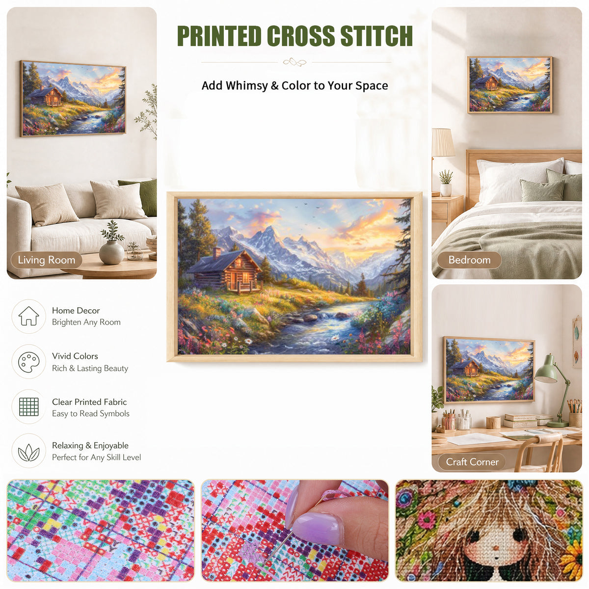 Mountain Cabin Sunset Scenery - Full 11CT Stamped Cross Stitch 45x30CM - Huacan