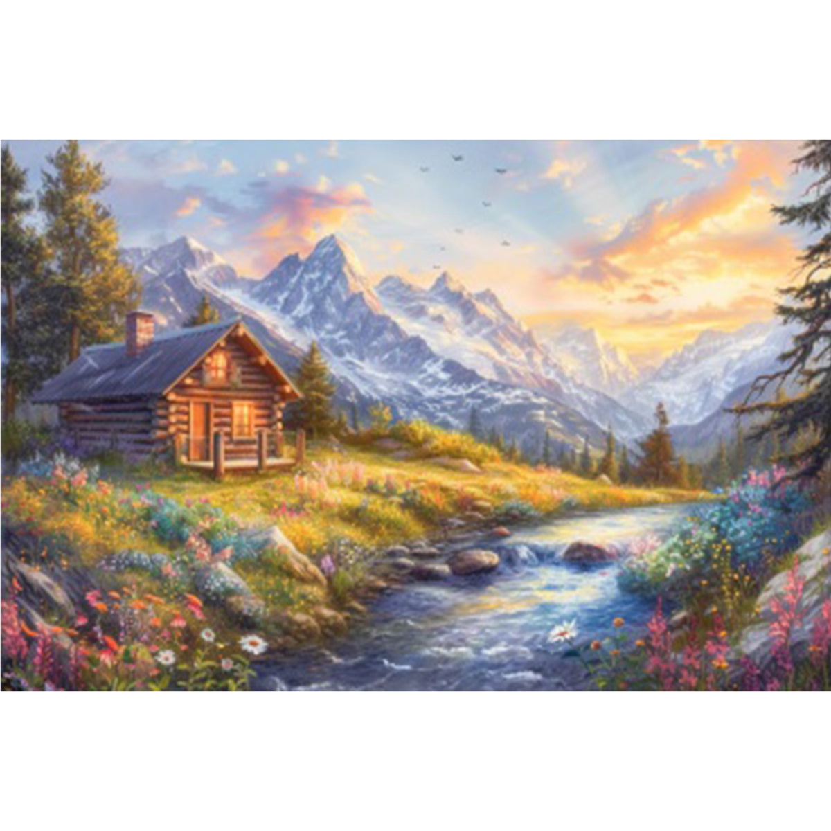 Mountain Cabin Sunset Scenery - Full 11CT Stamped Cross Stitch 45x30CM - Huacan