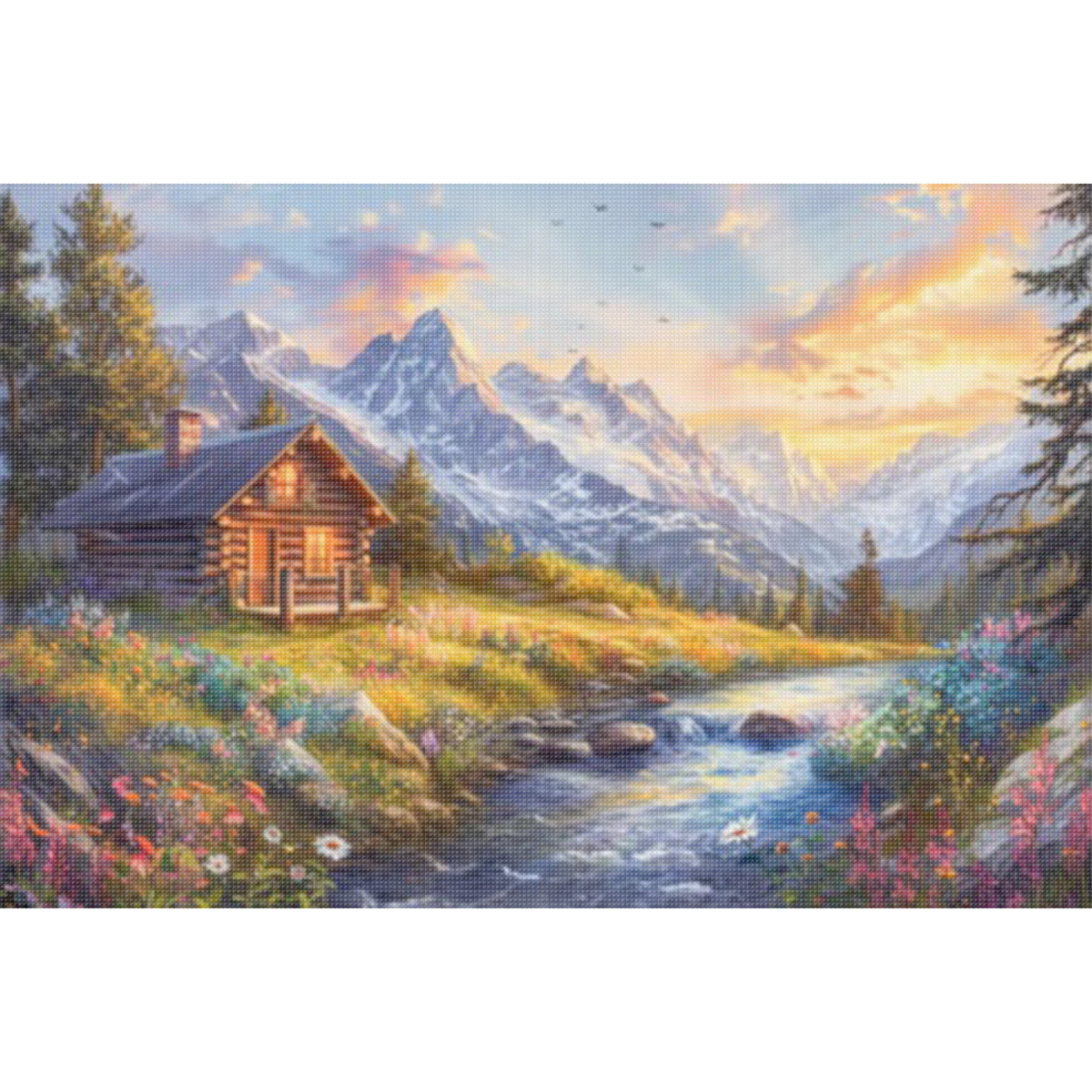 Mountain Cabin Sunset Scenery - Full 11CT Stamped Cross Stitch 45x30CM - Huacan