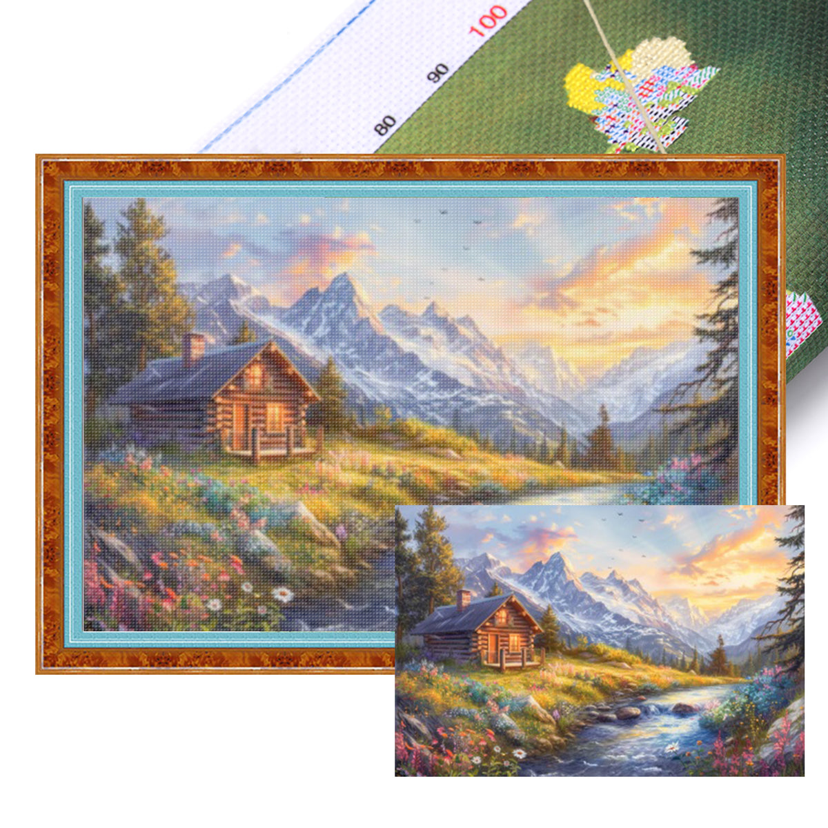 Mountain Cabin Sunset Scenery - Full 11CT Stamped Cross Stitch 45x30CM - Huacan