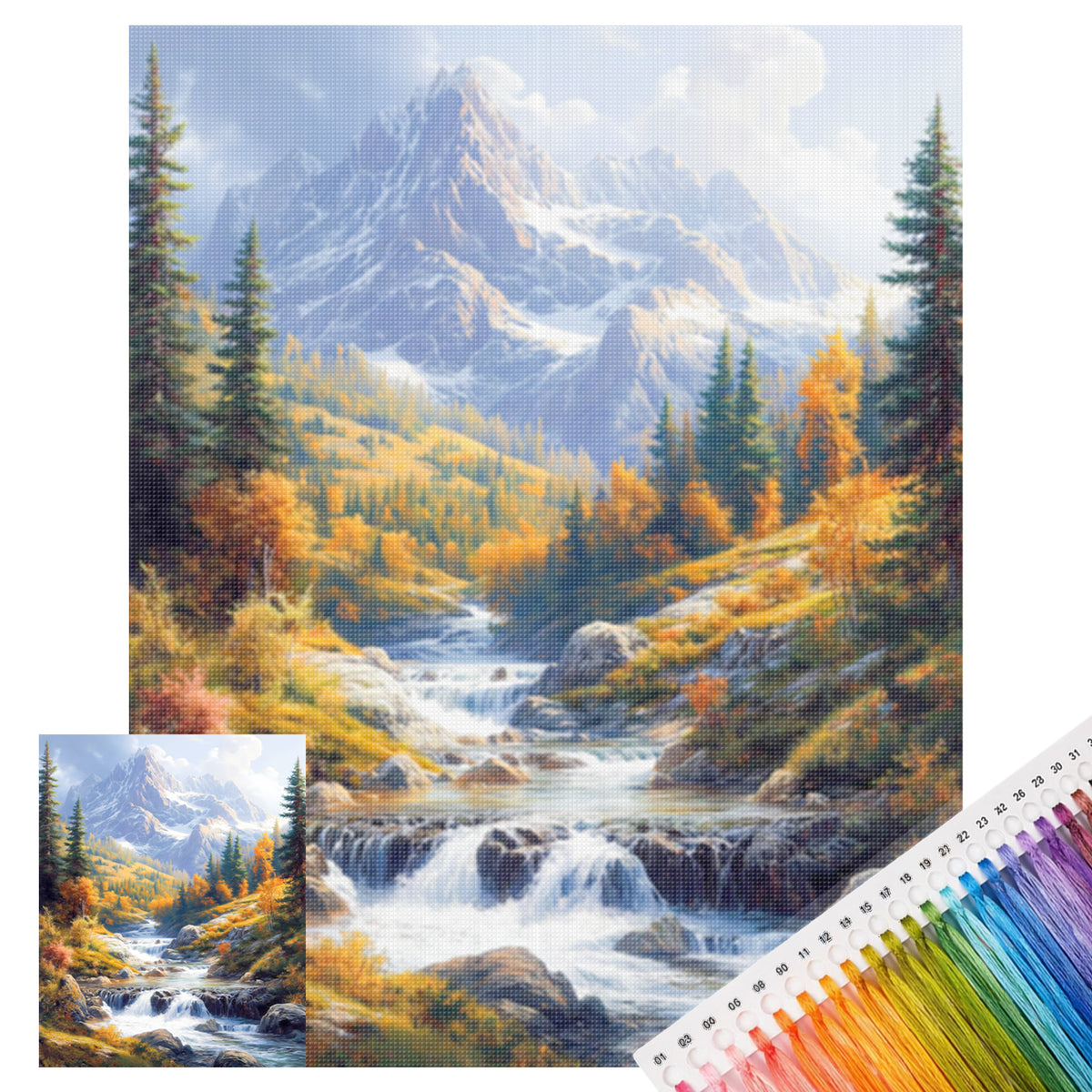 Herbstliche Gebirgsbach-Landschaft - Vollständiges 11CT gestempeltes Kreuzstich-Set 40x50CM - Huacan