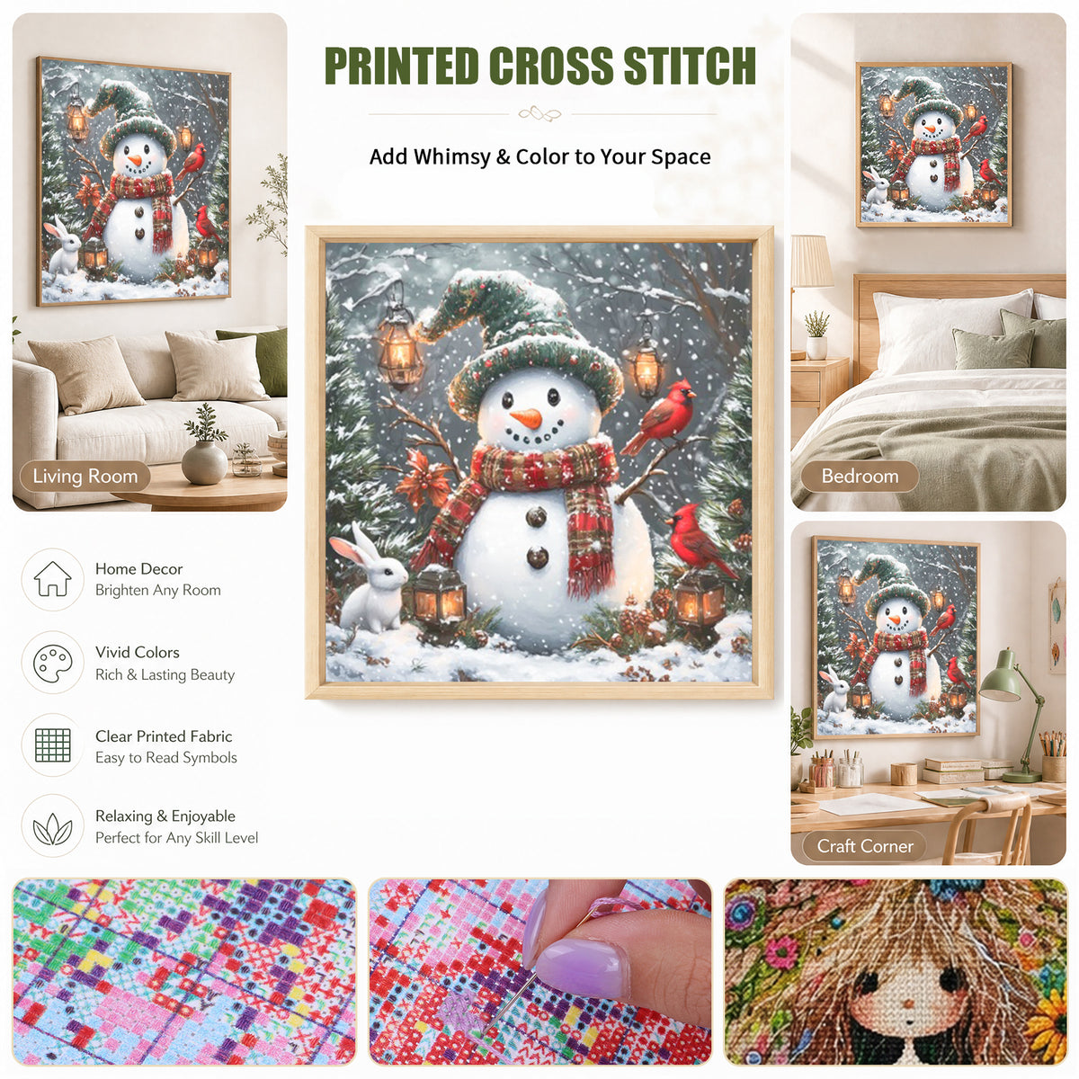 Snowman Winter Snow Scenery - Full 11CT Stamped Cross Stitch 45x45CM - Huacan