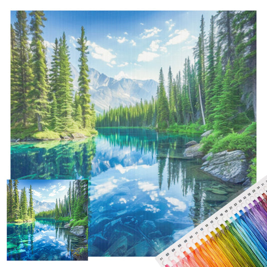 Bergsee Wald Naturlandschaft - Komplettes 11CT gestempeltes Kreuzstich-Set 45x45CM - Huacan