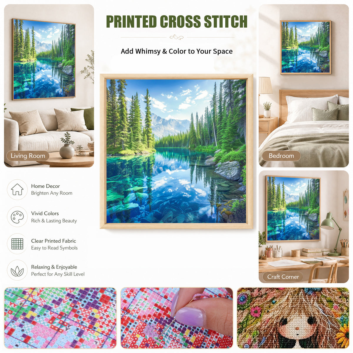 Mountain Lake Forest Natural Scenery - Full 11CT Stamped Cross Stitch 45x45CM - Huacan