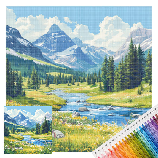 Tal-Grasland-Landschaft – Vollständiges 11CT gestempeltes Kreuzstich-Set 45x45CM – Huacan