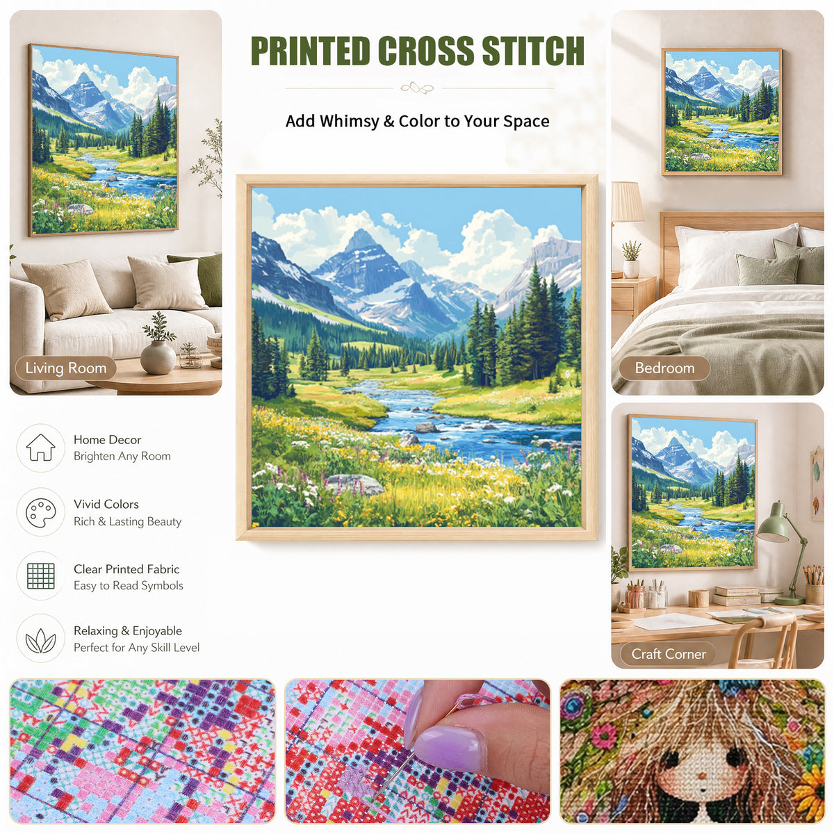 Valley Grassland Landscape - Full 11CT Stamped Cross Stitch 45x45CM - Huacan