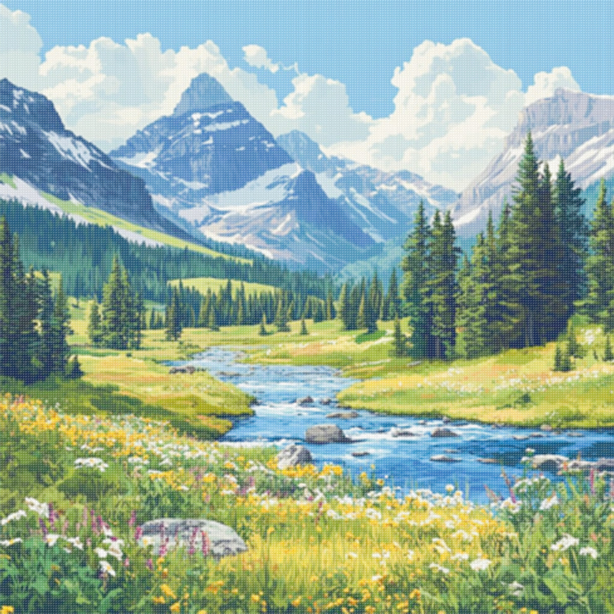 Valley Grassland Landscape - Full 11CT Stamped Cross Stitch 45x45CM - Huacan
