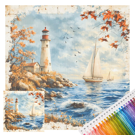 Meeres-Leuchtturm Segelboot - Vollständiges 11CT Stanz-Kreuzstichset 45x45CM - Huacan
