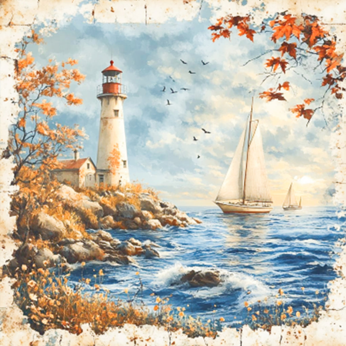 Meeres-Leuchtturm Segelboot - Vollständiges 11CT Stanz-Kreuzstichset 45x45CM - Huacan