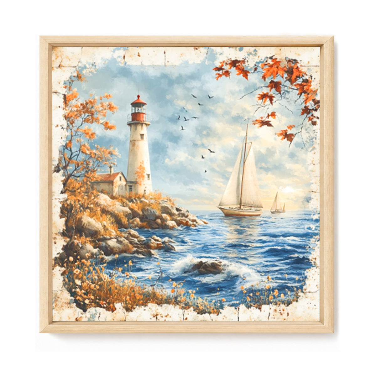 Meeres-Leuchtturm Segelboot - Vollständiges 11CT Stanz-Kreuzstichset 45x45CM - Huacan